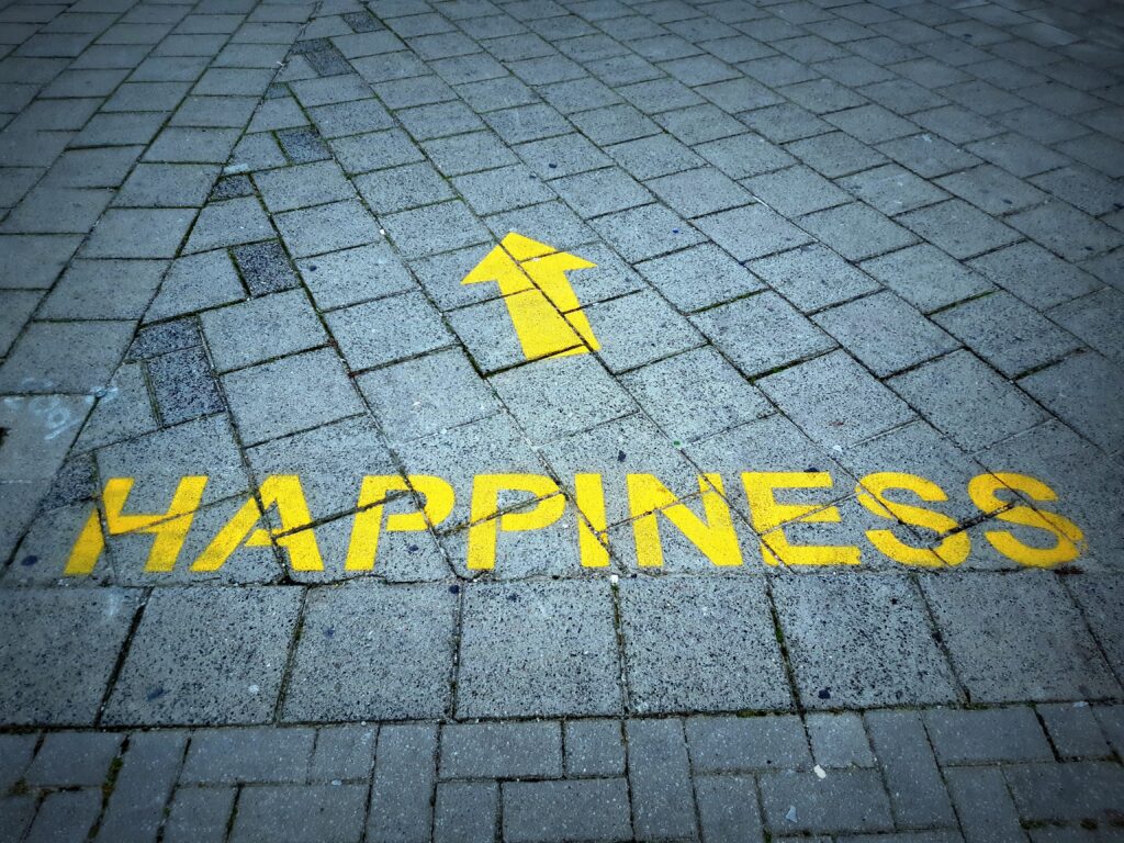 "HAPPINESS" and an up arrow painted in yellow on a paver sidewalk.